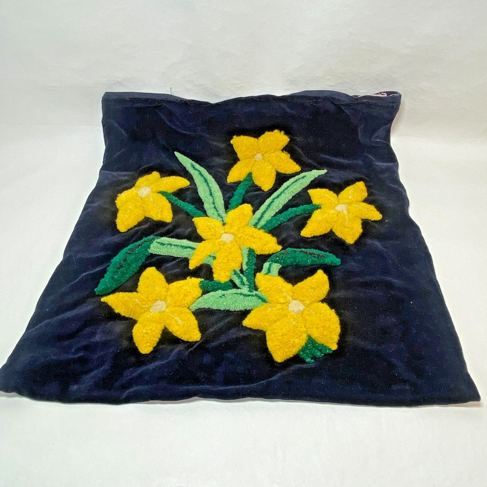 VTG Needlepunch Velvet Pillowcase Unfinished Yellow Flowers Floral Black Kitschy